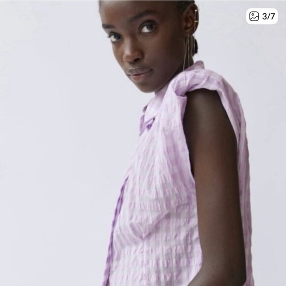 Zara Lilac Gingham Shoulder Pad Cropped Blouse Size S - Picture 2 of 10
